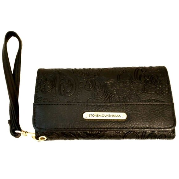 STONE MOUNTAIN USA Black Embossed Paisley Bonded Leather Wallet Wristlet - NWOT - Picture 1 of 12